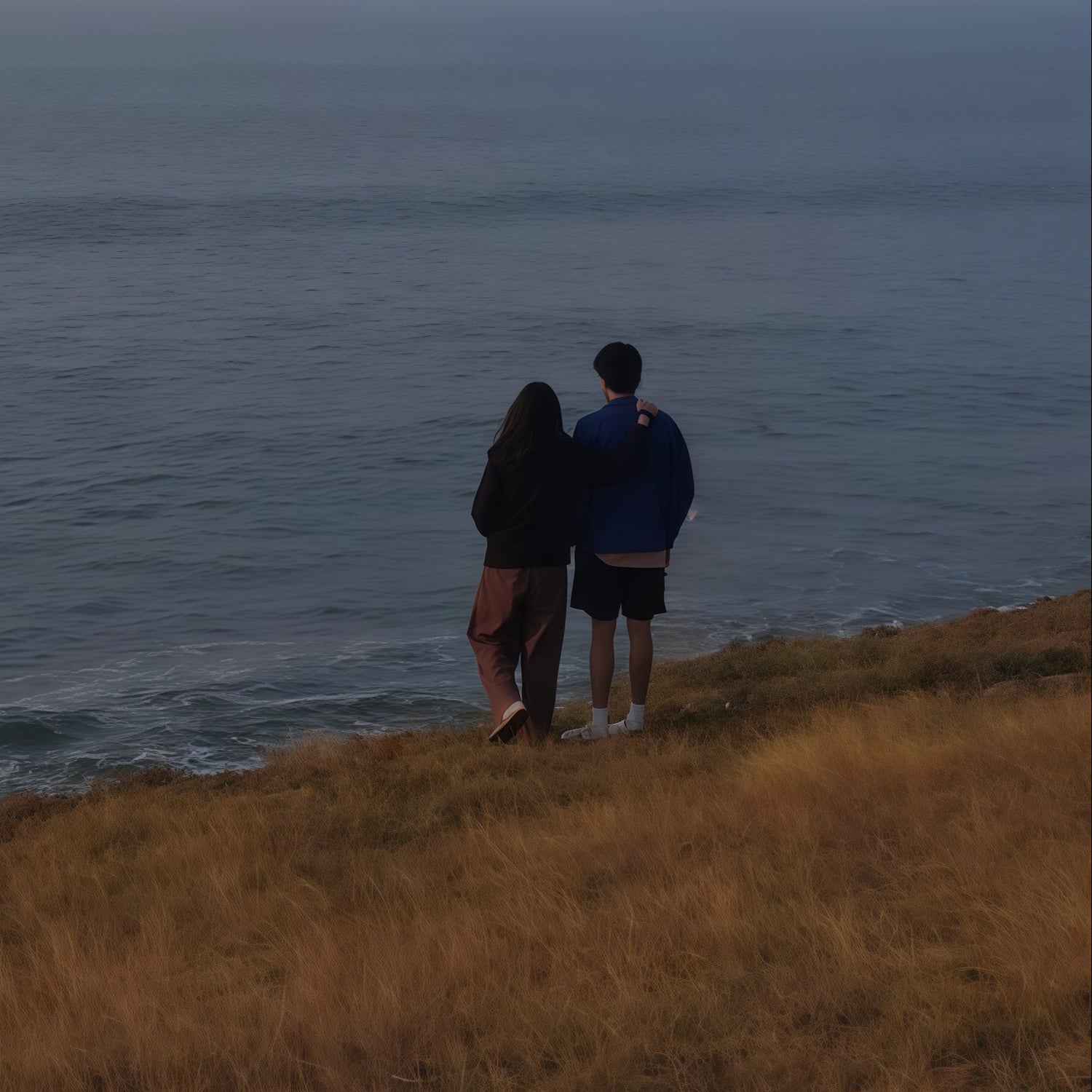 Two people standing on a grassy hill overlooking the ocean.