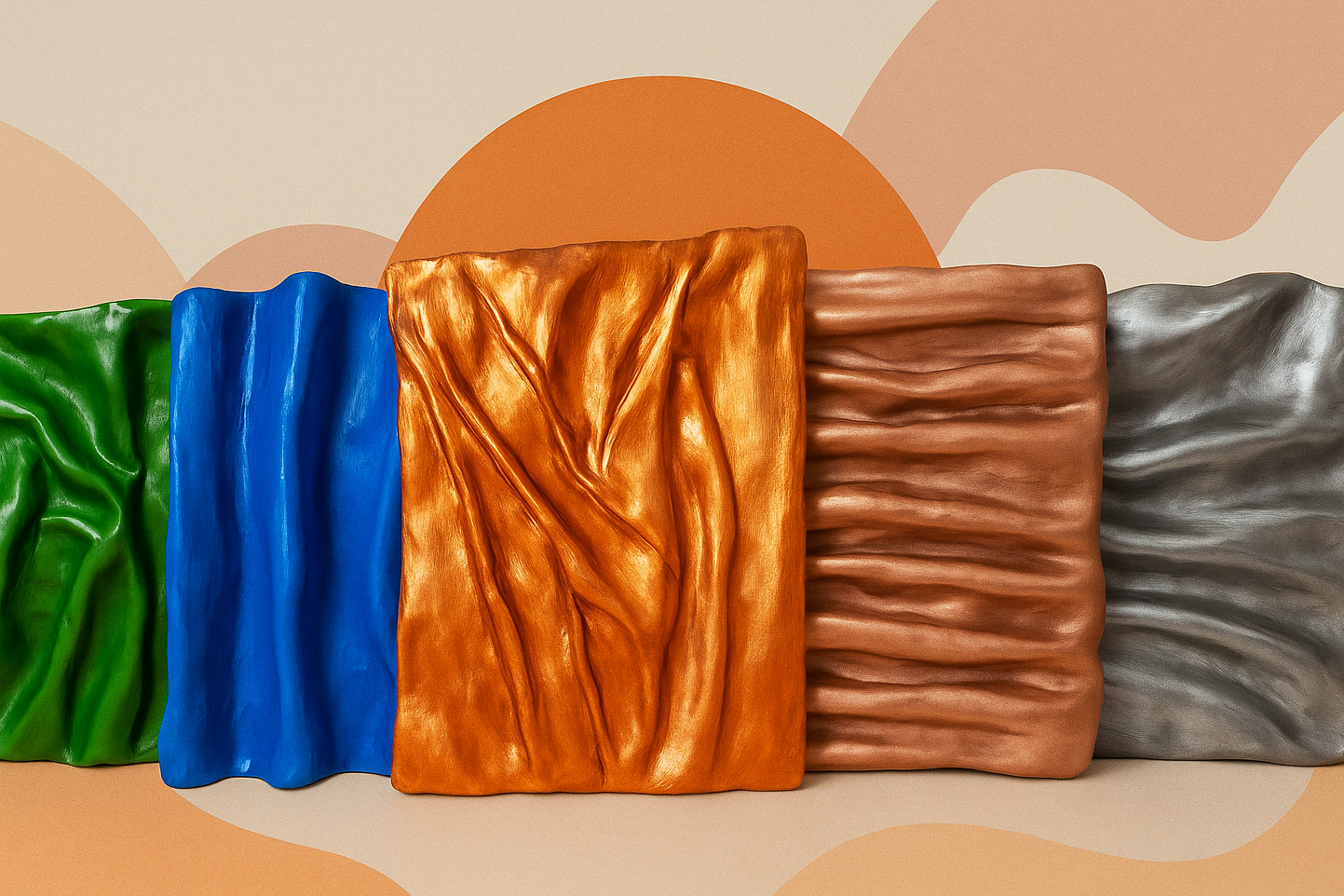 Five rectangular objects in green, blue, gold, brown, and silver on a beige background with abstract shapes.